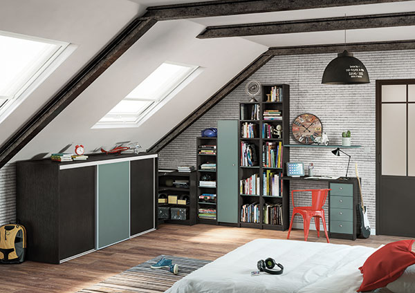 chambre ado avec placard, bibliothèque et bureau ykario